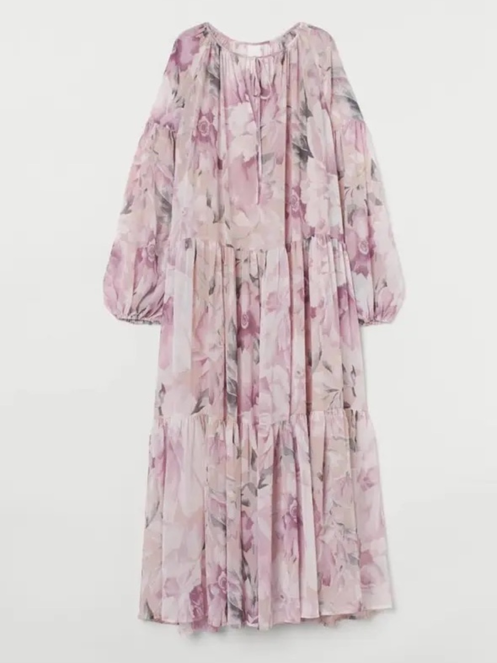 H&M Pink Floral Chiffon Tiered Midi Dress with Tie-Neck